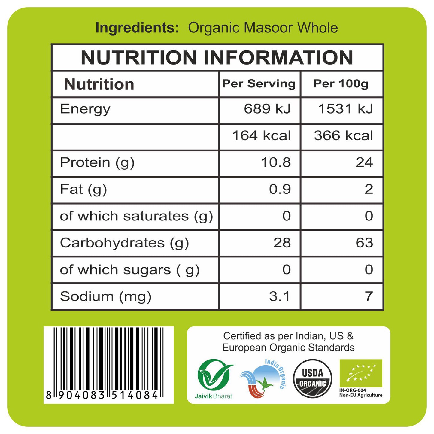 nutrition detailing - Organic Masoor Whole 500Gm