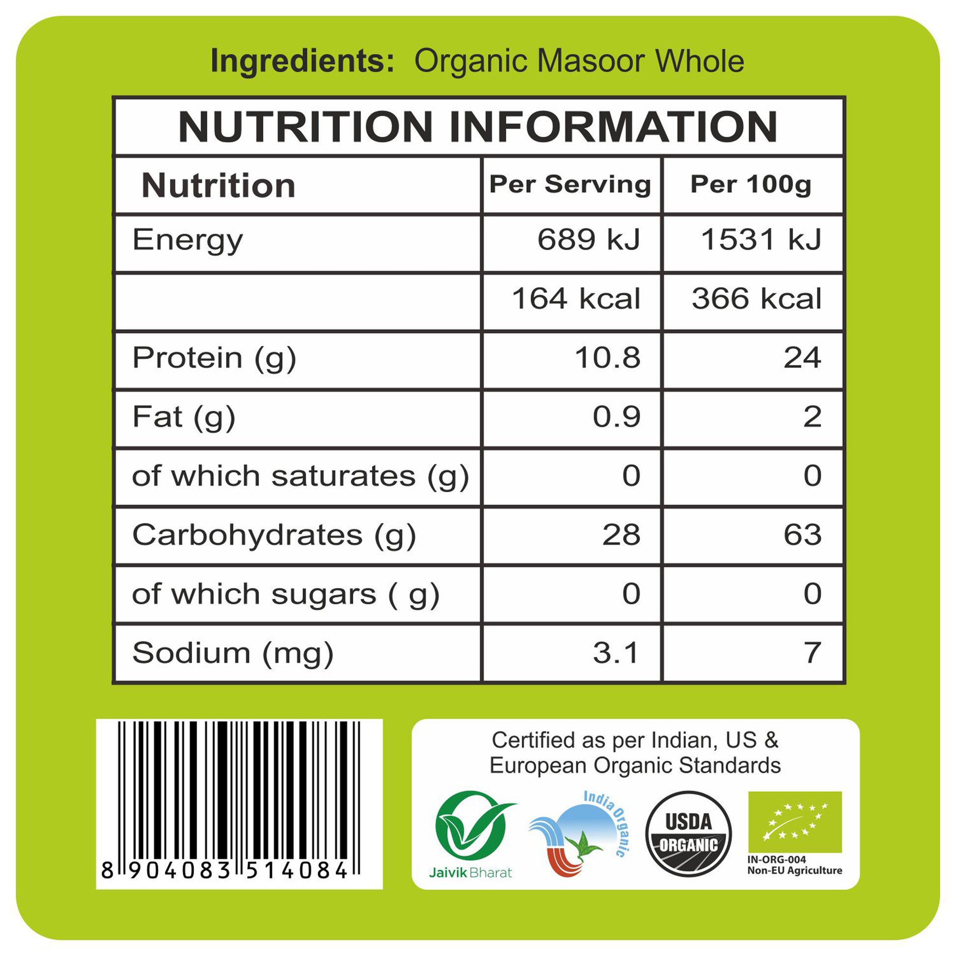 nutrition detailing - Organic Masoor Whole 500Gm