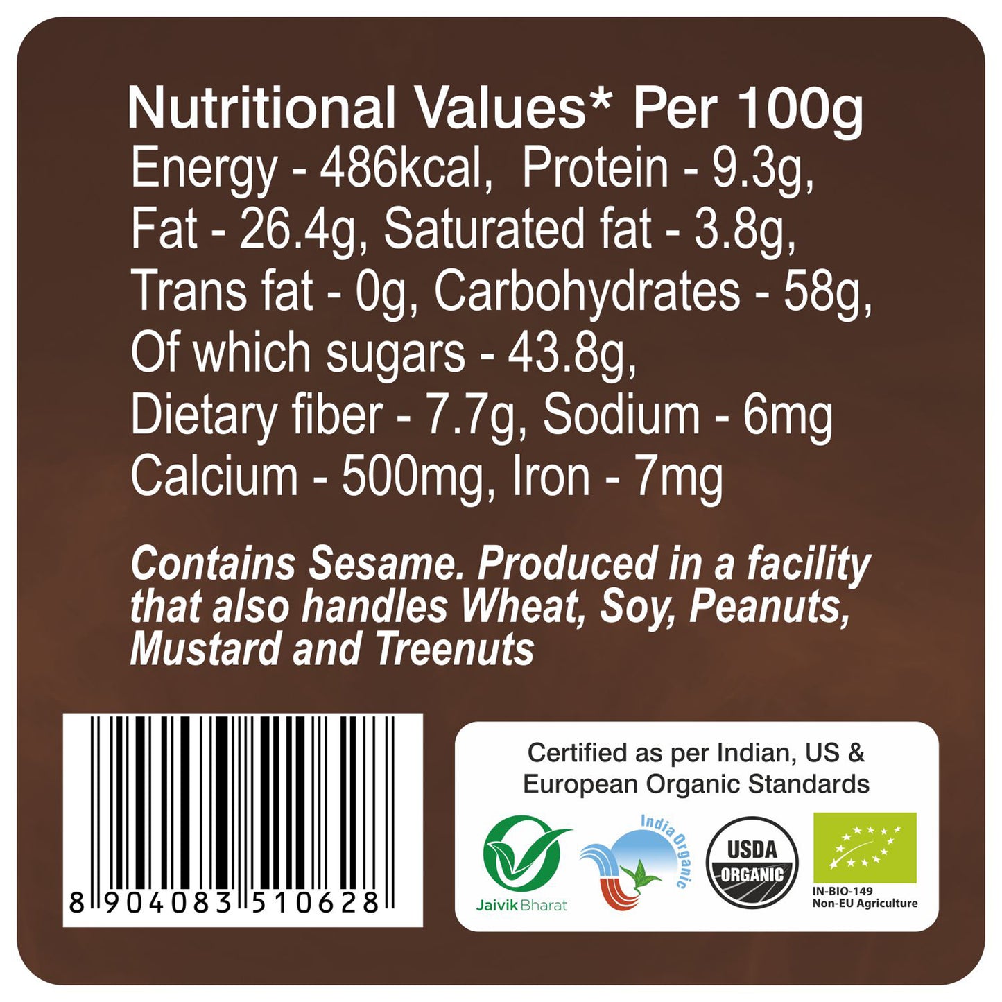 nutrition detailing - Organic Sesame Jaggery Chikki