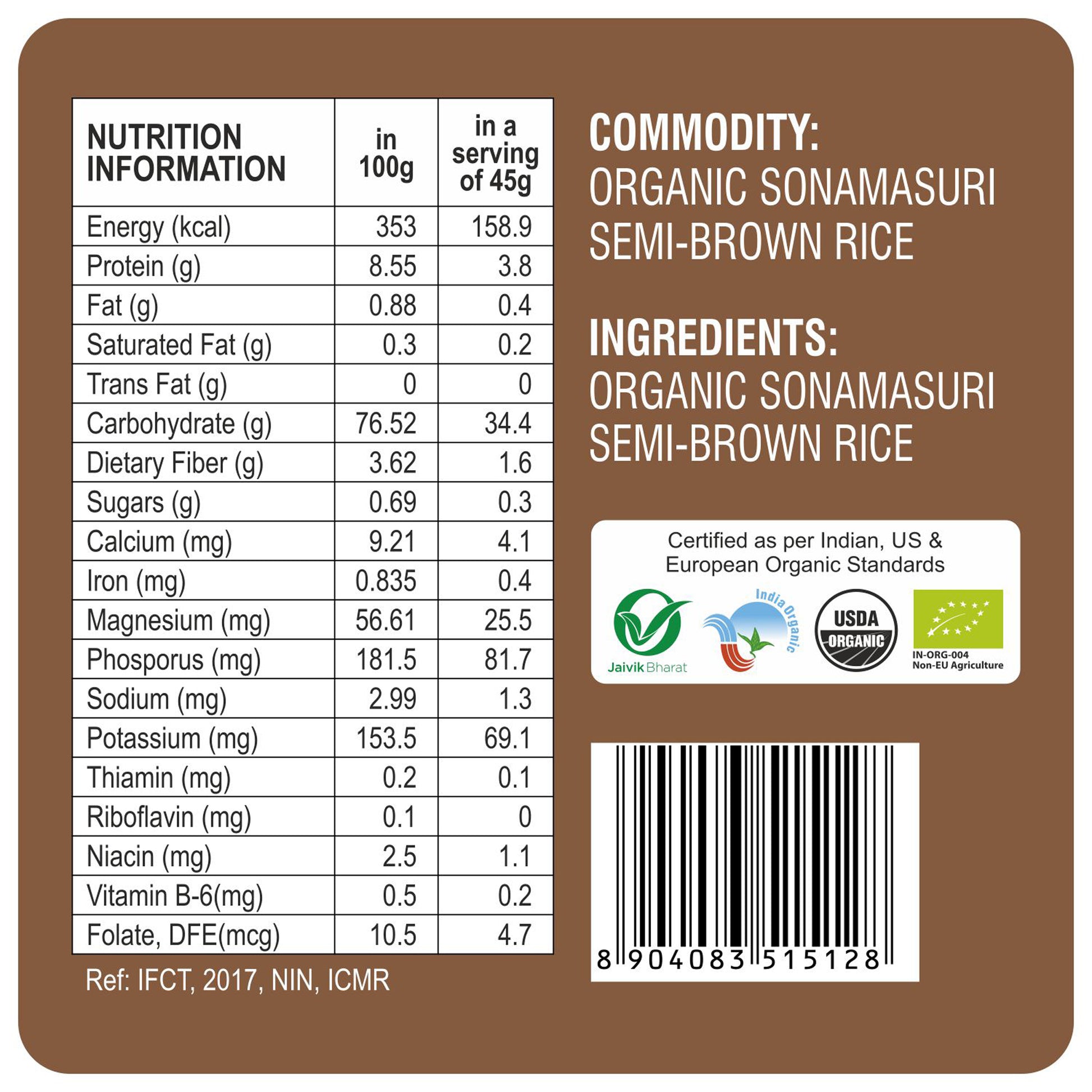 nutrition - Organic Sonamasuri Semi Brown Rice 10Kg