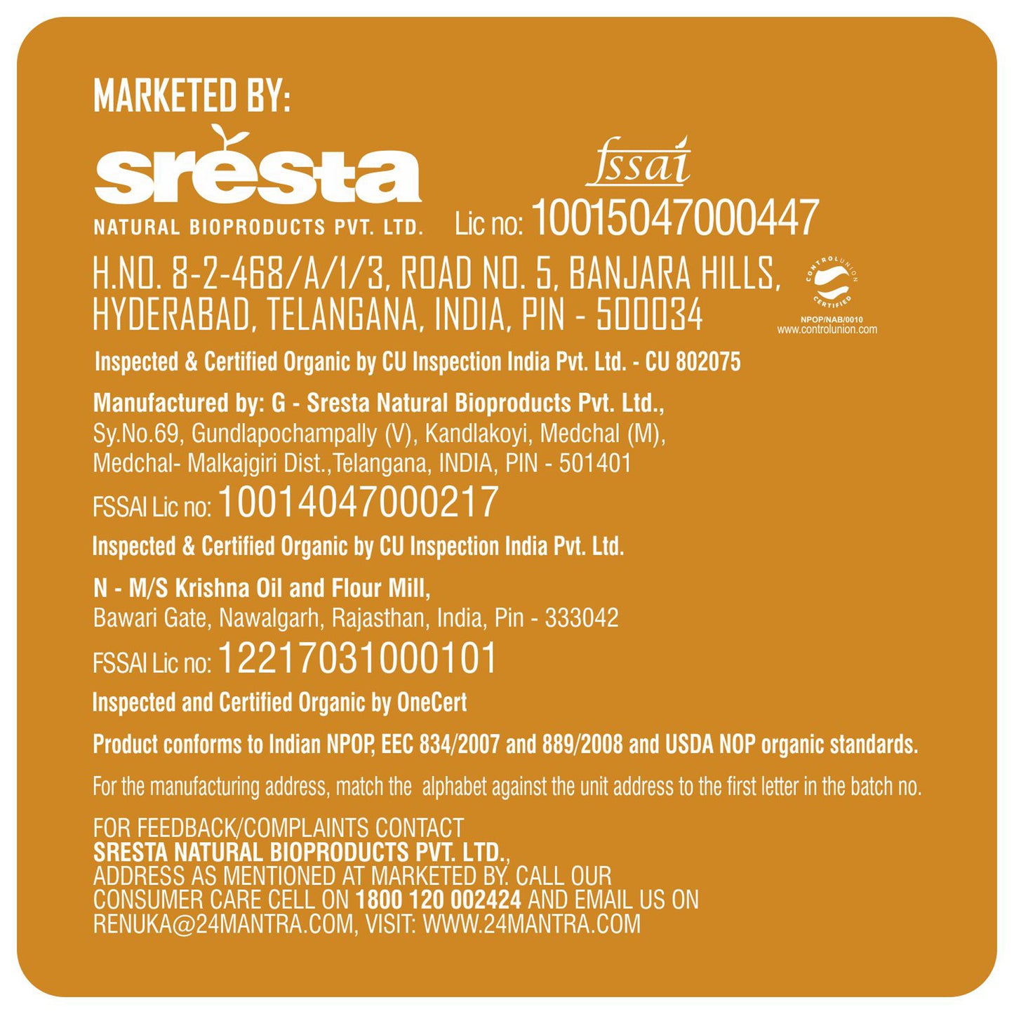 sresta - Organic Whole Wheat Atta Premium 10Kg