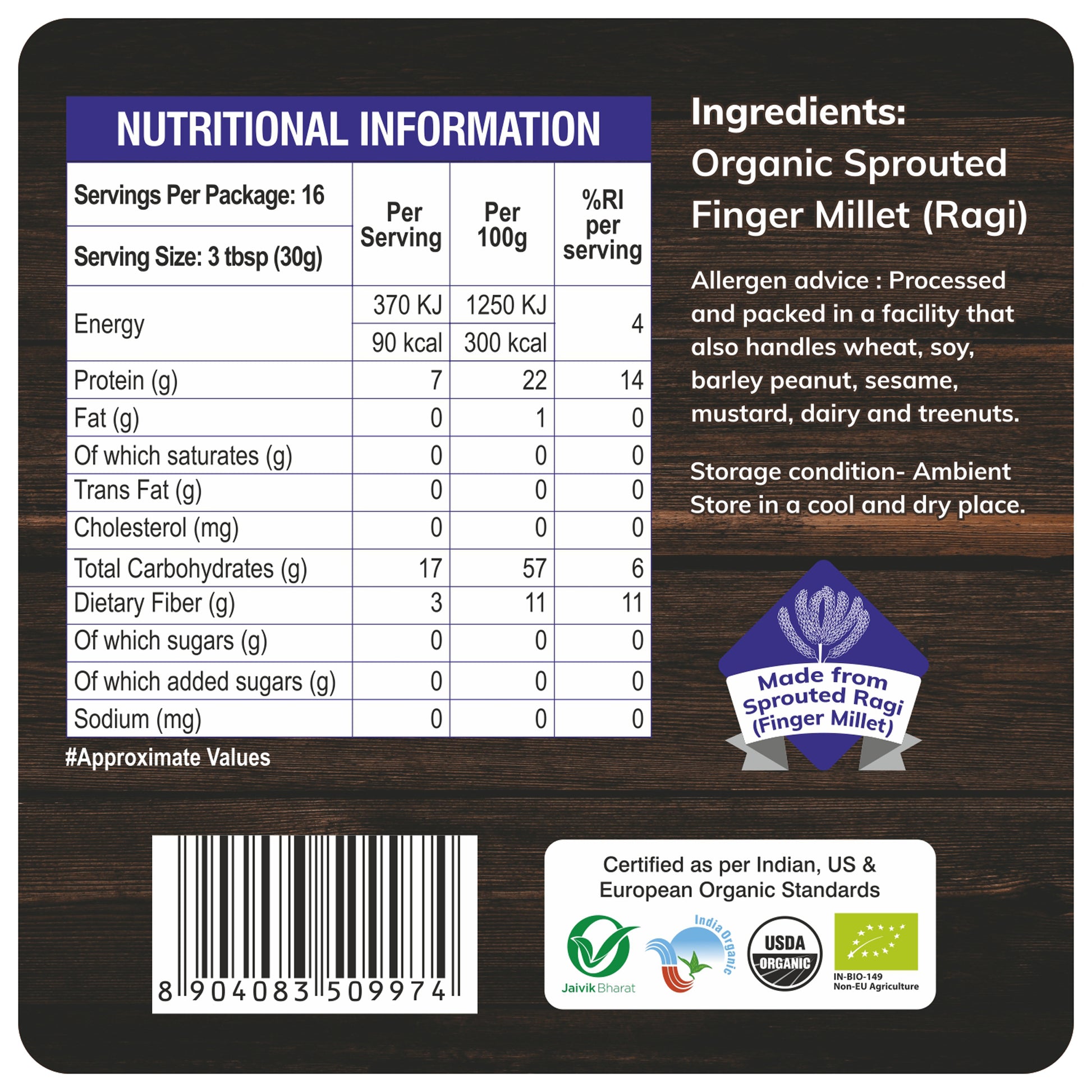 nutrition facts - Organic Ragi Malt 500Gm