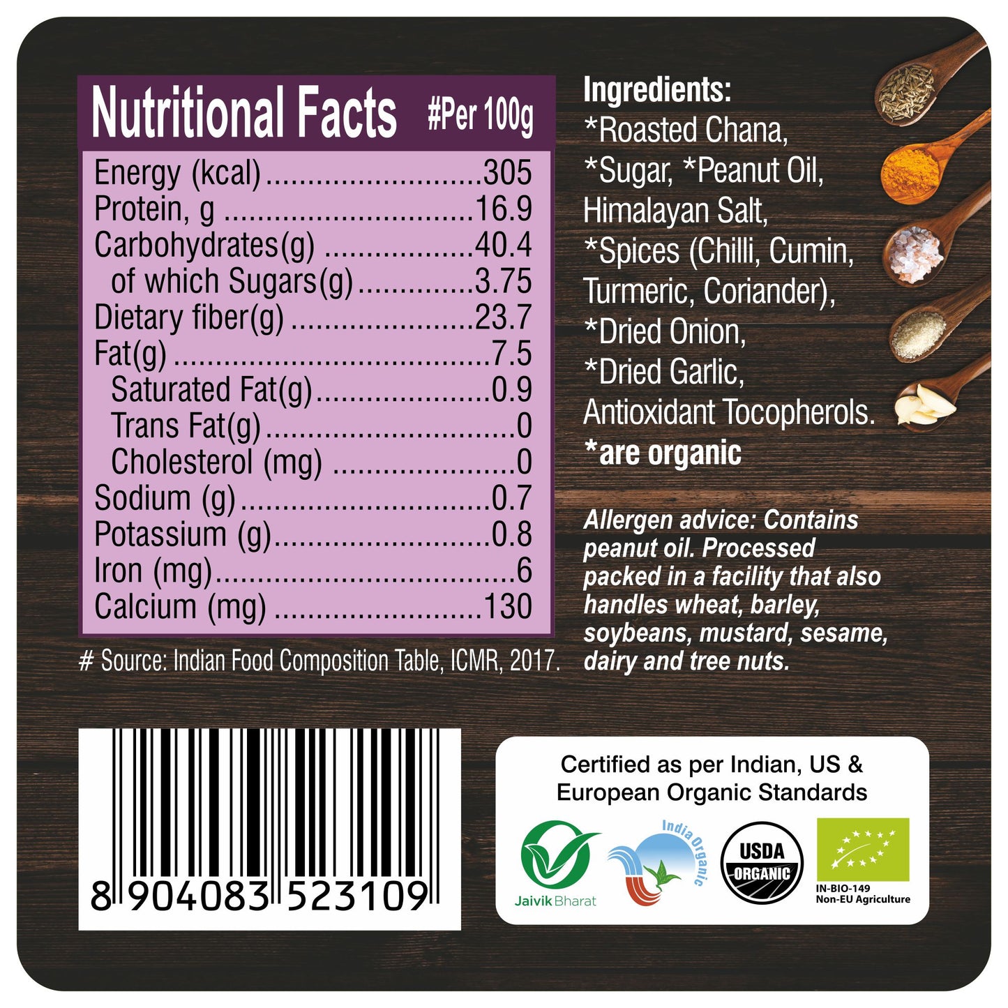nutrition detailing - Organic Roasted Masala Chana 200Gm