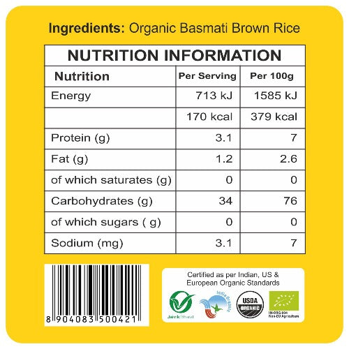 nutrition content - Organic Basmati Rice Premium Brown 1KG