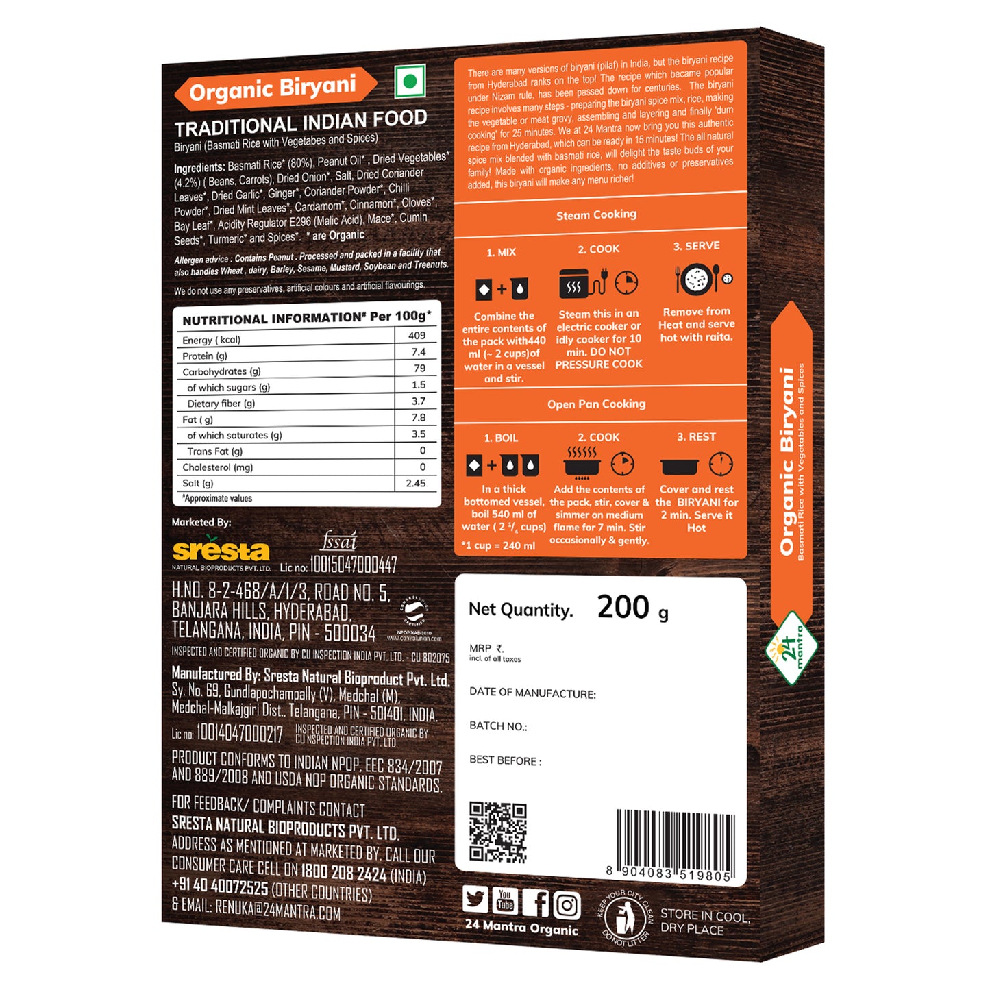 packaging details - Organic Biryani 200 GM