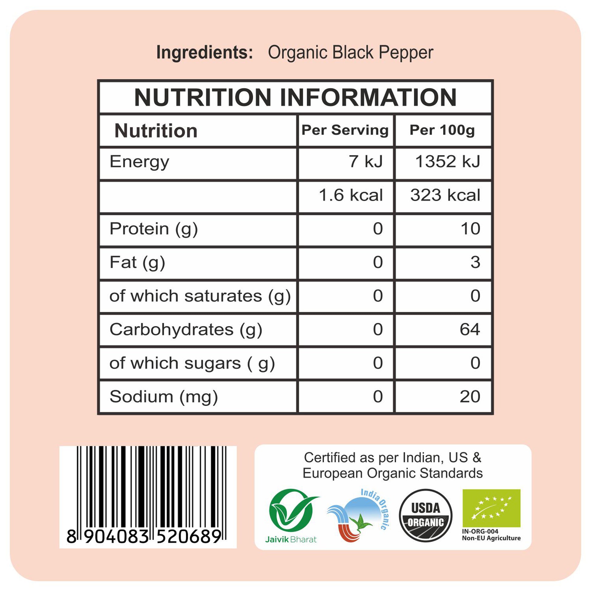 nutrition detailing - Organic Black Pepper 50 GM