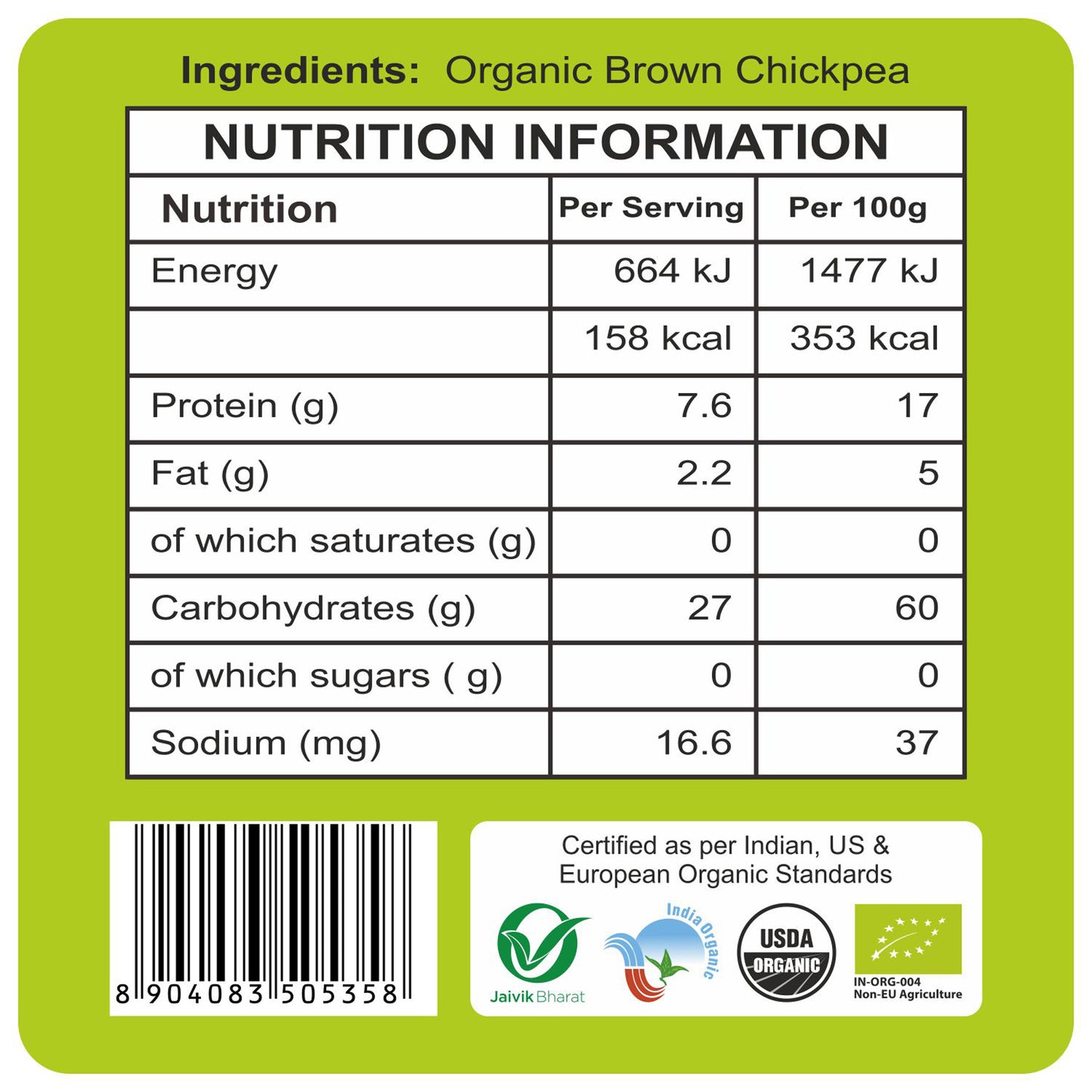 nutrition deatiling - Organic Brown Channa 1 KG