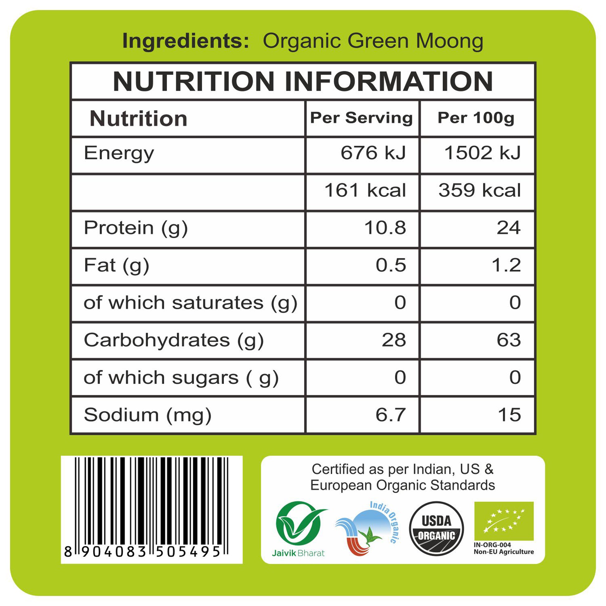 nutrition detailing - Organic Green Moong Dal Split 500Gm