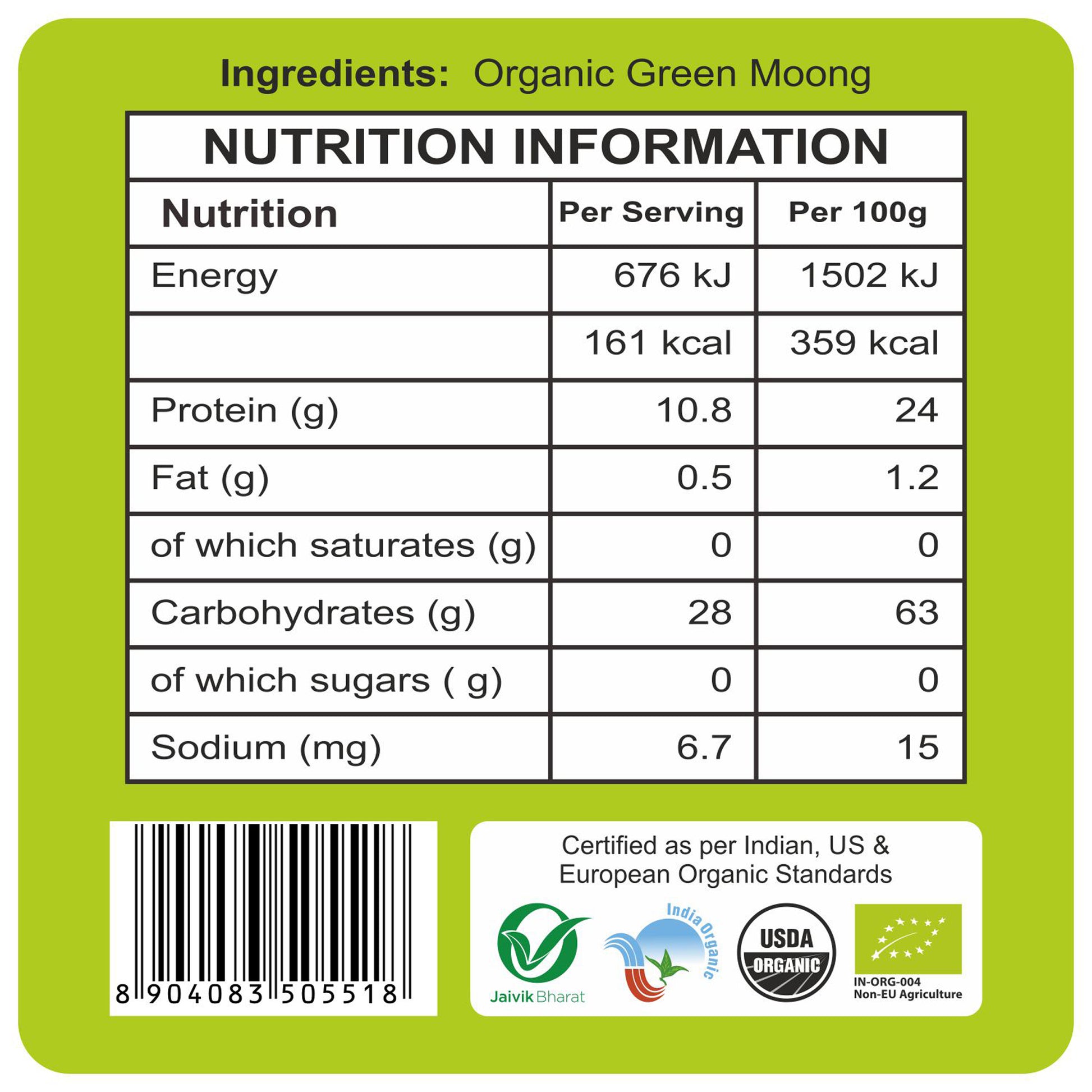 nutrition detailing - Organic Green Moong Dal Whole 500Gm