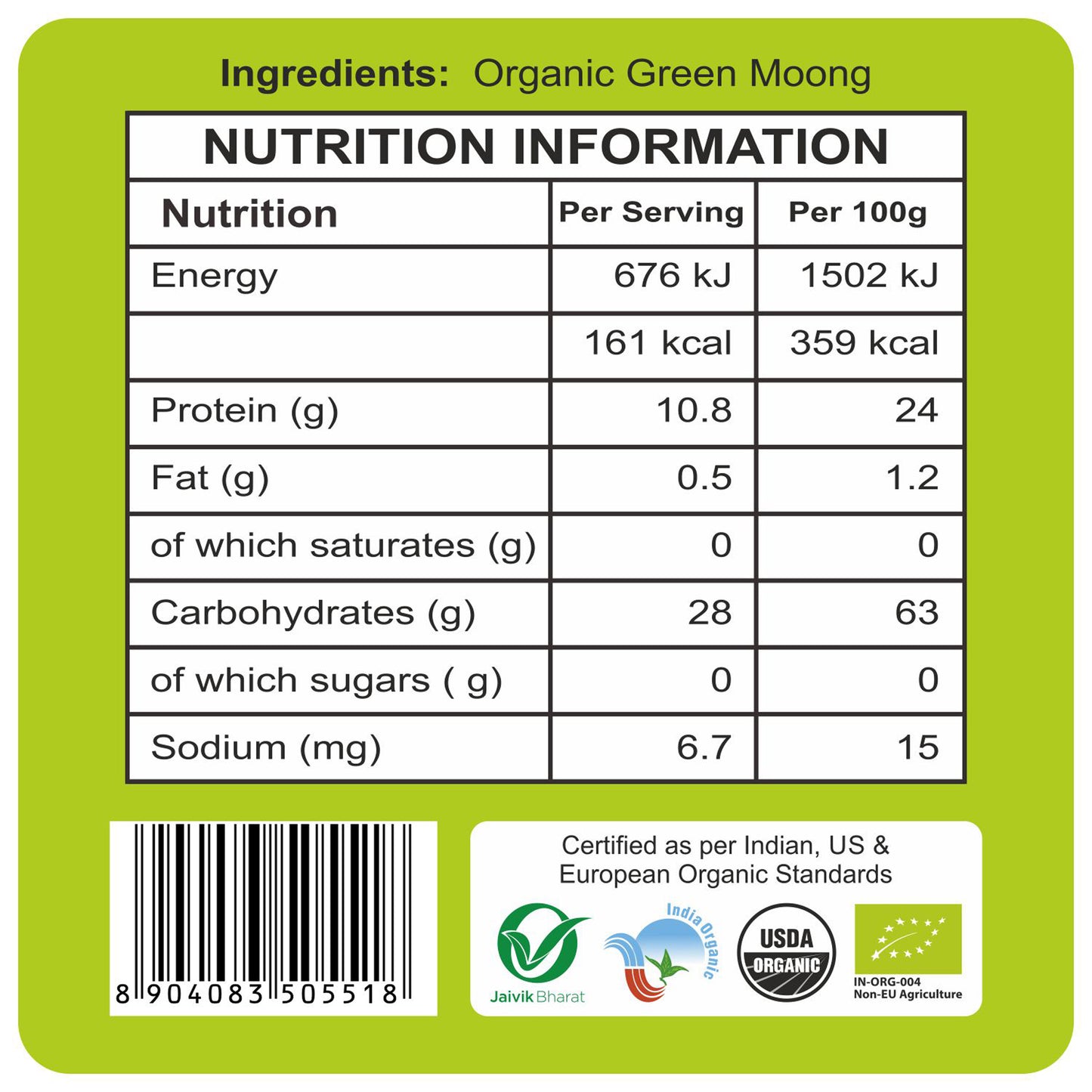 nutrition detailing - Organic Green Moong Dal Whole 500Gm