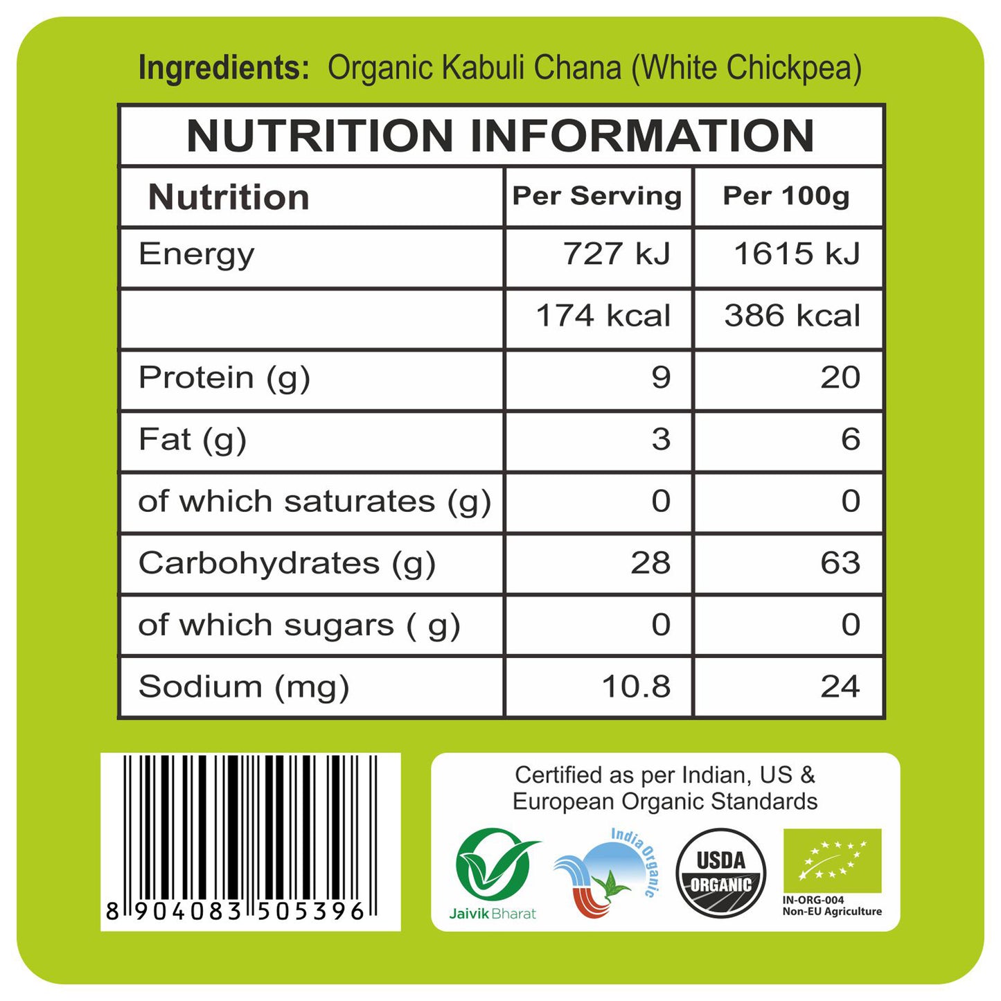 nutrition detailing - Organic Kabuli Chana 500Gm