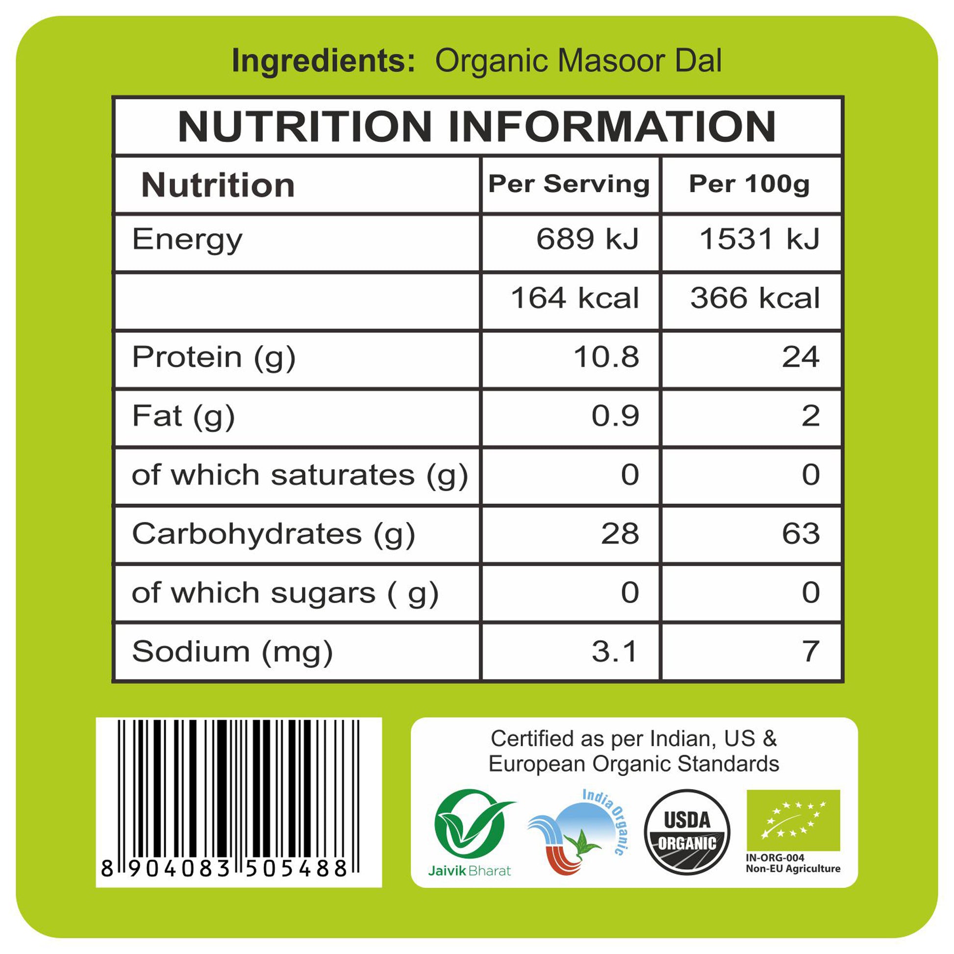 nutrition detailing - Organic Masoor Dal 500Gm