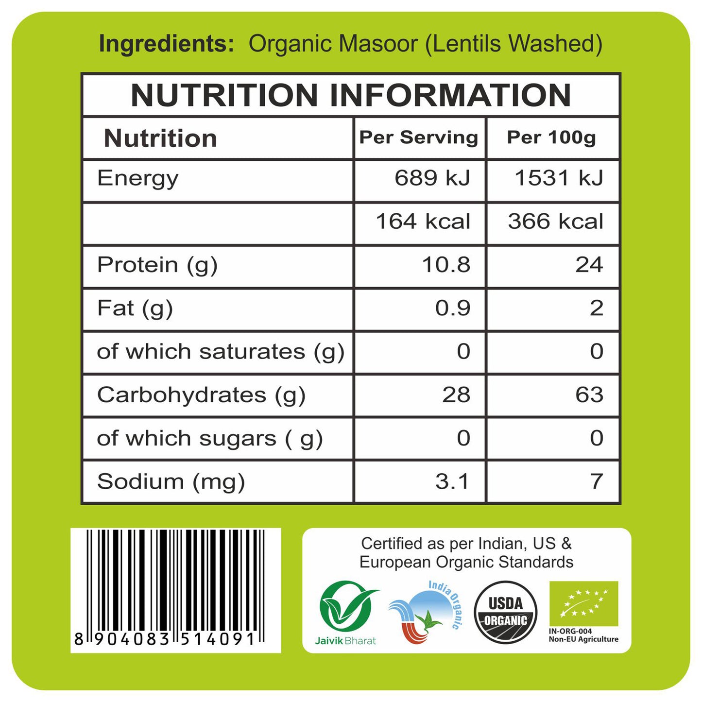 nutrition detailing - Organic Masoor Malka 500Gm