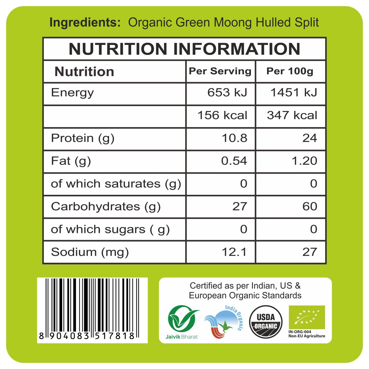 nutrition detailing - Organic Moong Dal 2Kg