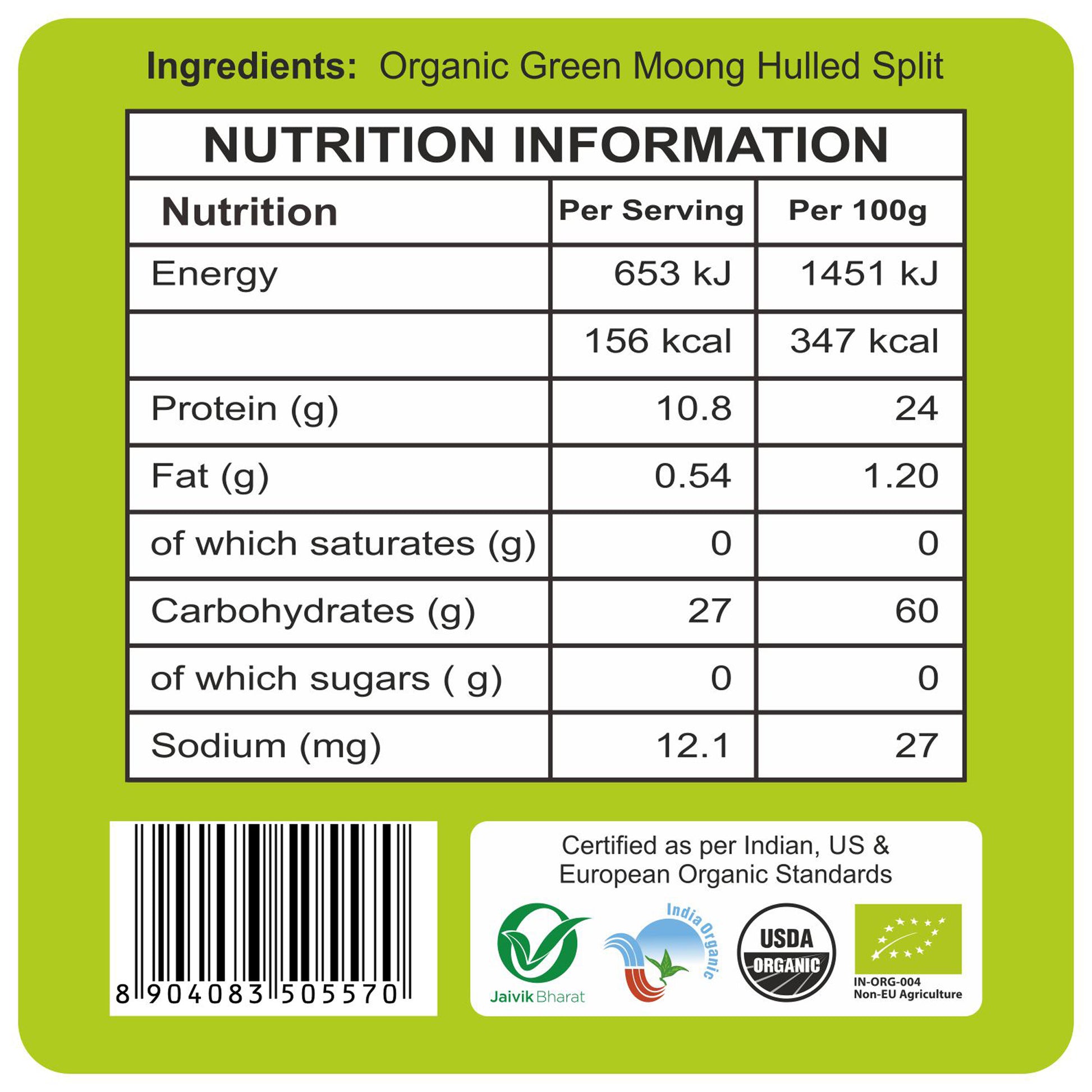 nutrition detailing - Organic Moong Dal 500g