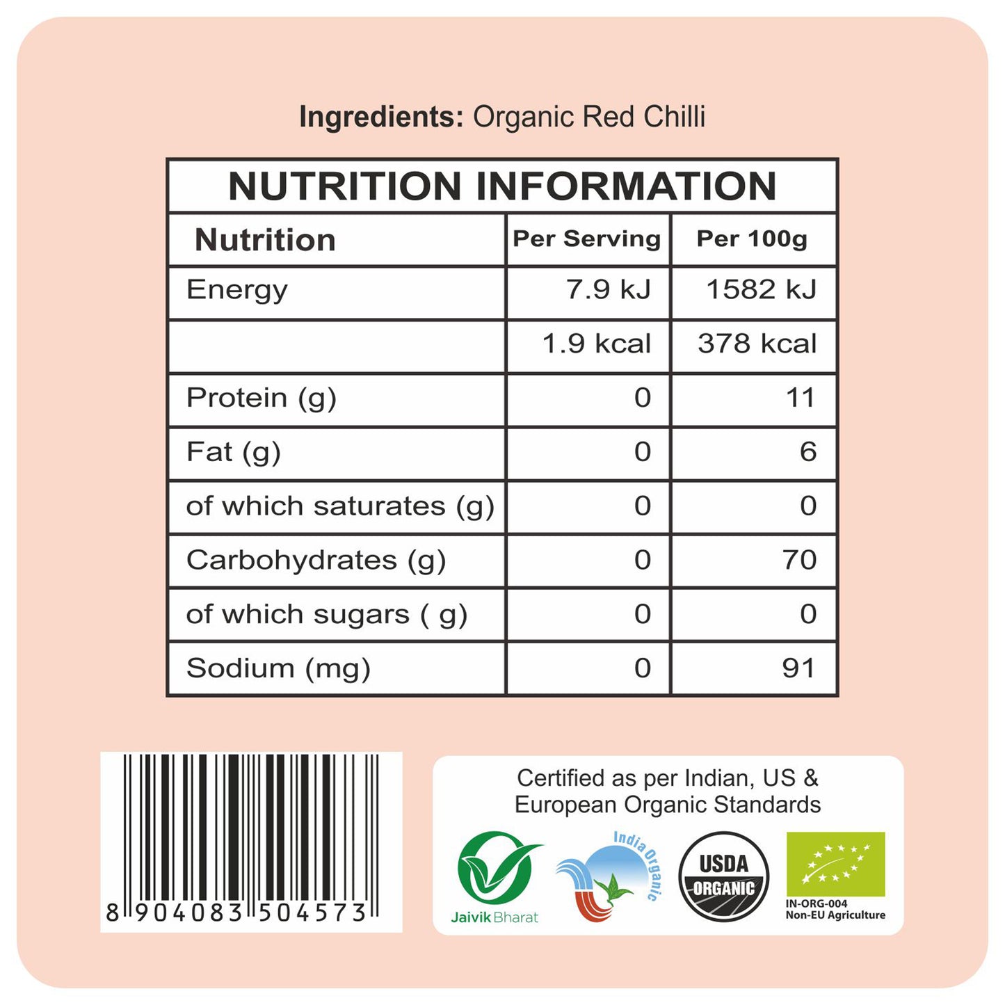 nutrition - Organic Red Stick Chilly 100Gm