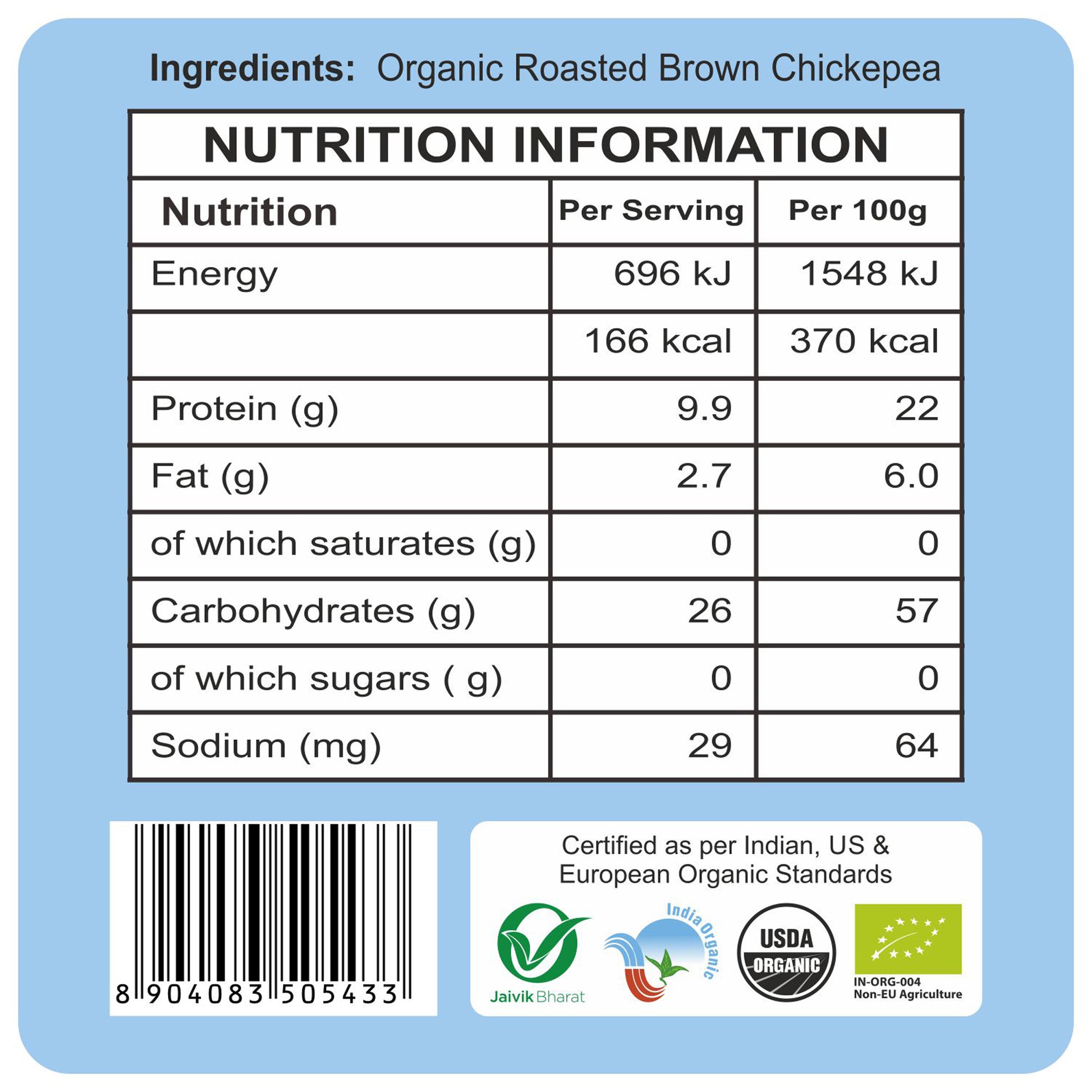 nutrition detailing - Organic Roasted Chana Bengal Gram Dal 500Gm