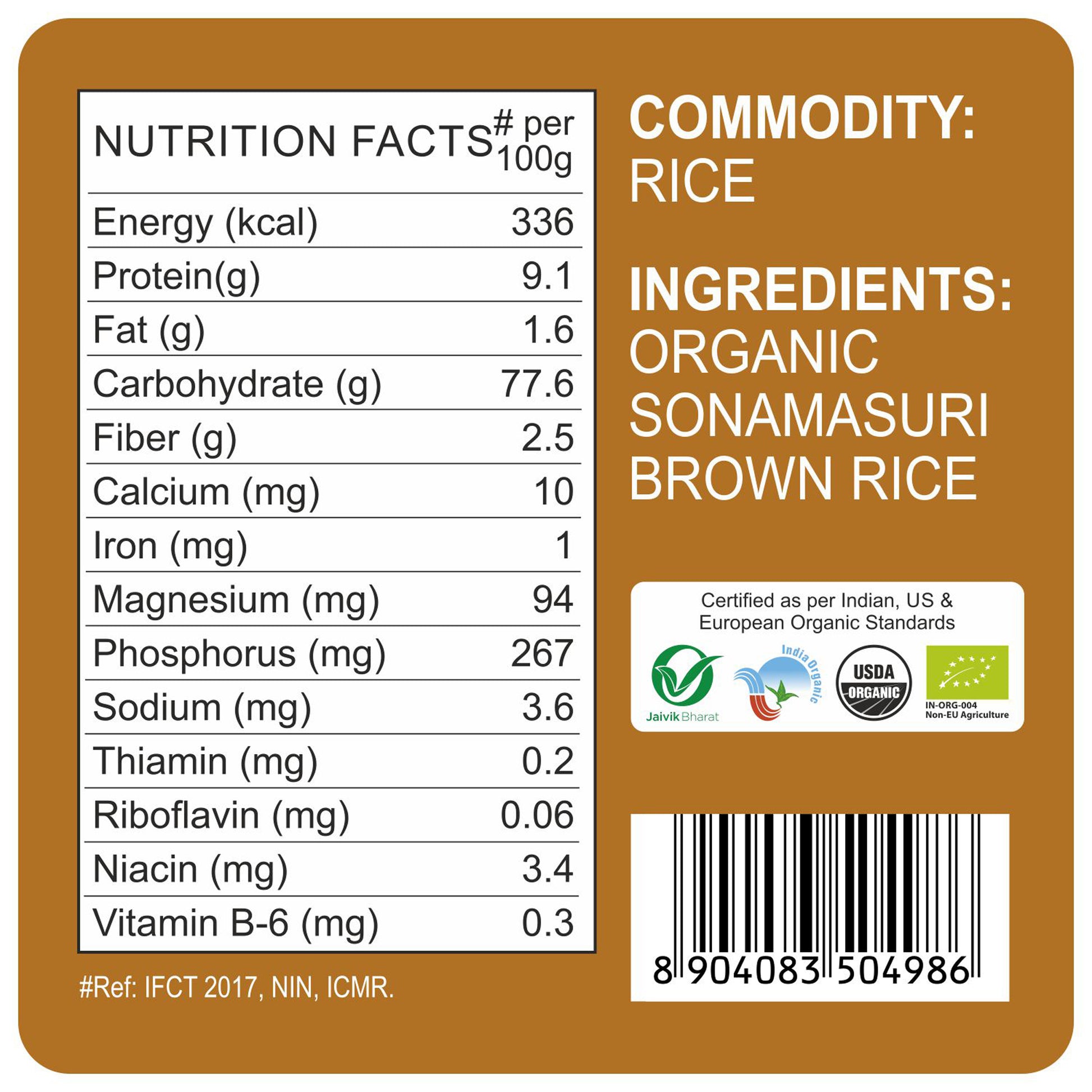 nutrition detailing - Organic Sonamasuri Raw Rice Brown 1Kg