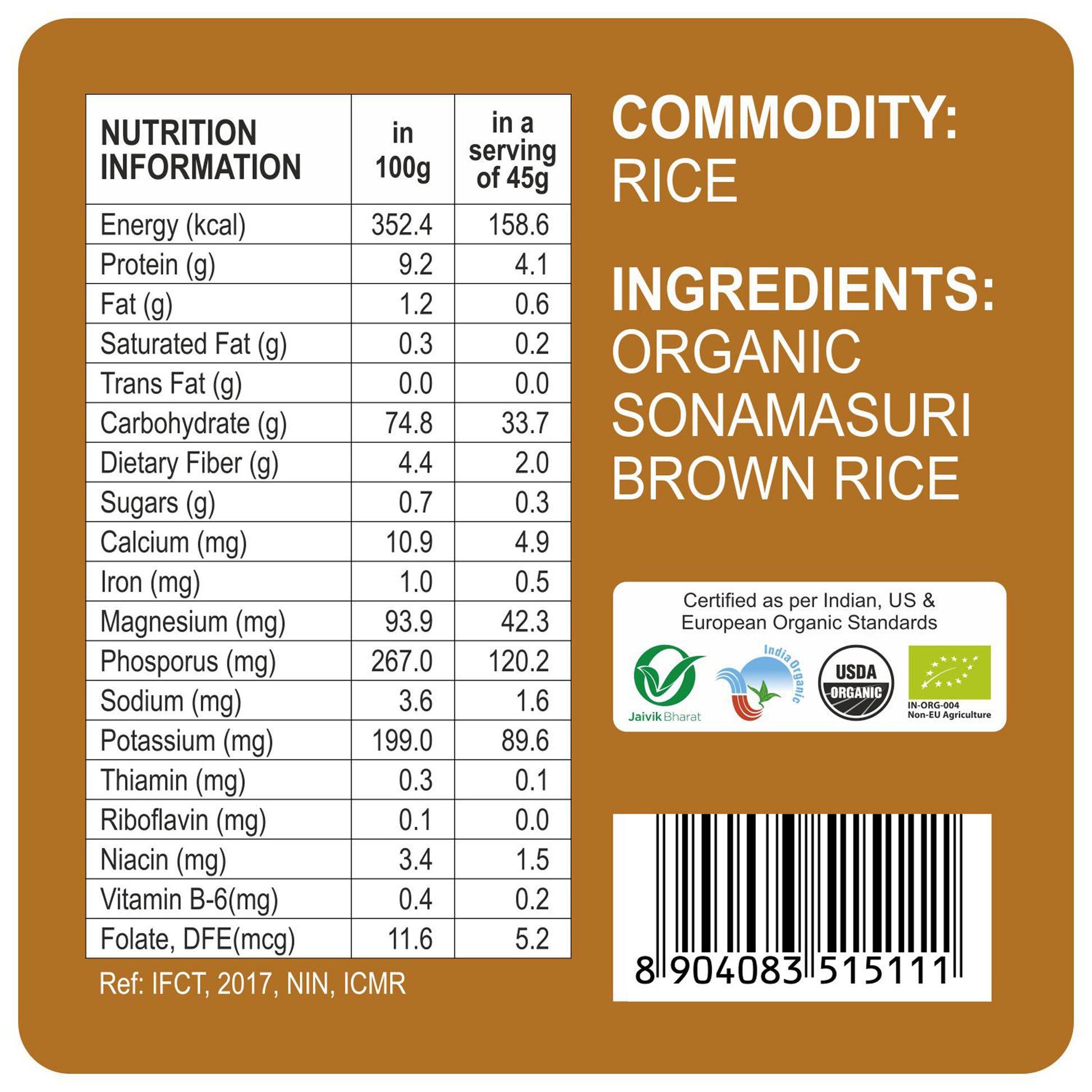 nutrition detailing - Organic Sonamasuri Raw Rice Brown 10Kg