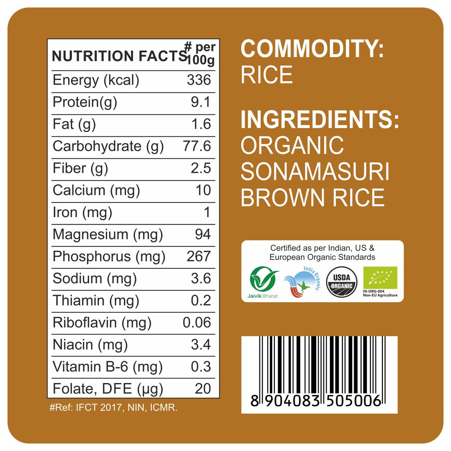 nutrition detailing - Organic Sonamasuri Raw Rice Brown 5Kg