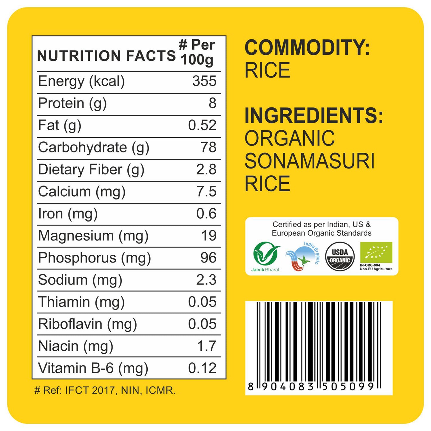nutrition detailing - Organic Sonamasuri Raw Rice Polished 5Kg