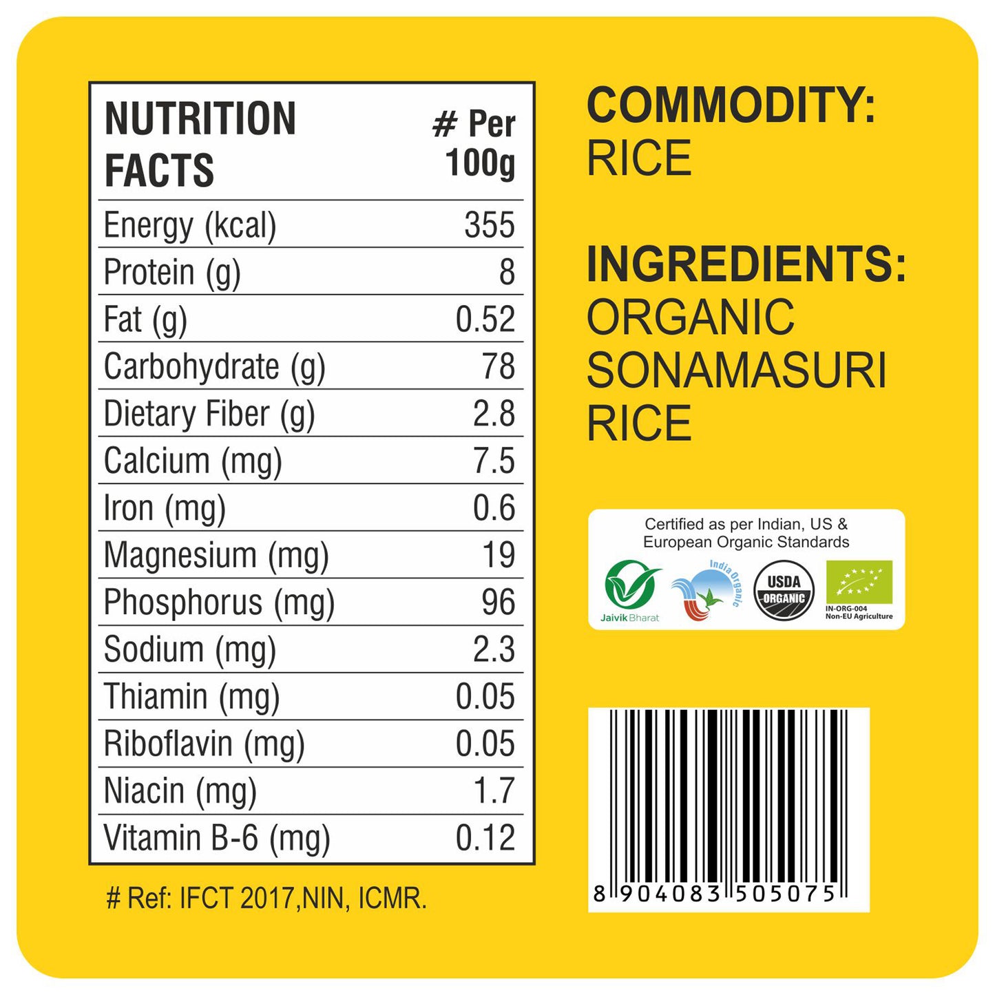 nutrition detailing - Organic Sonamasuri Raw Rice Polished 1Kg