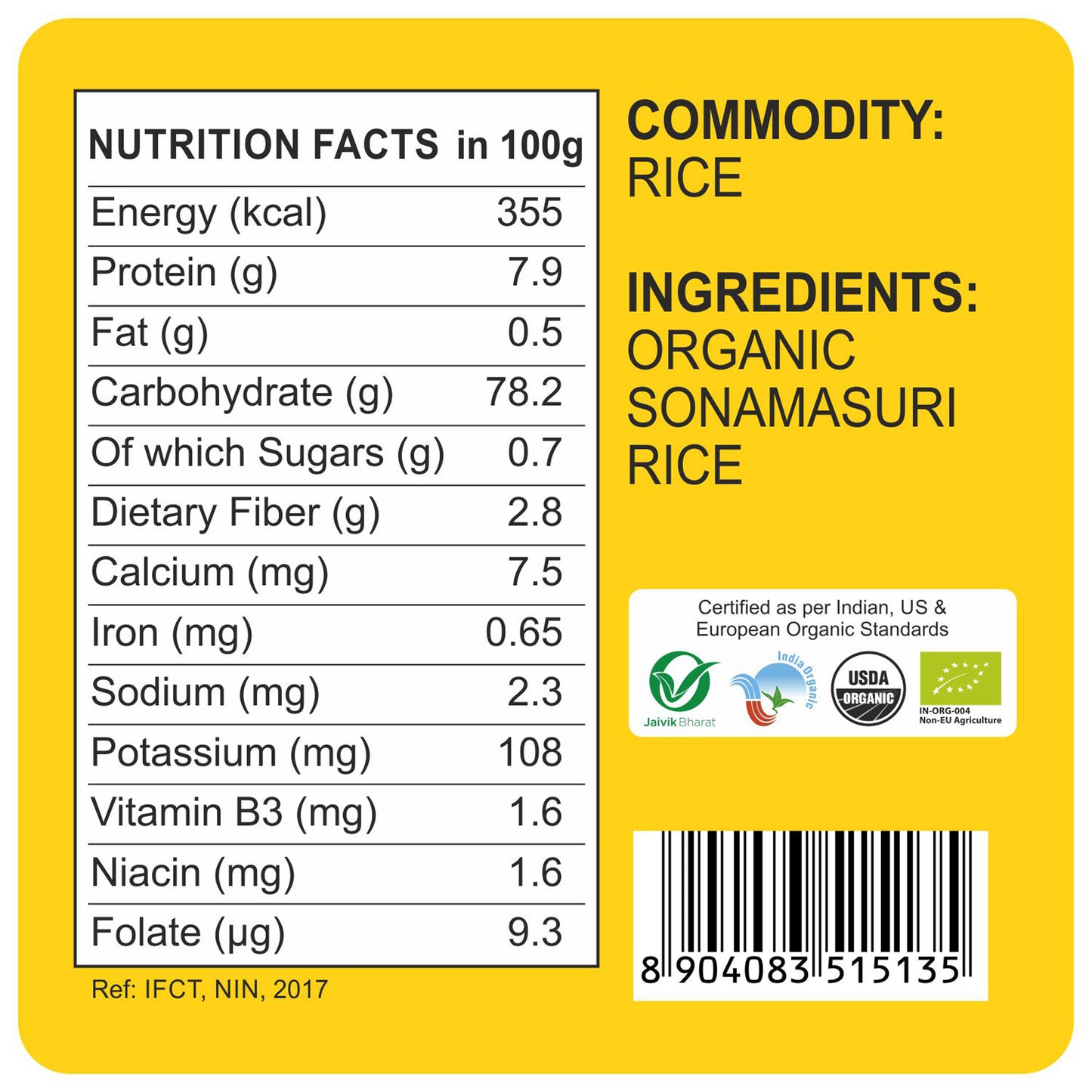 nutrition detailing - Organic Sonamasuri Raw Rice Polished 10Kg