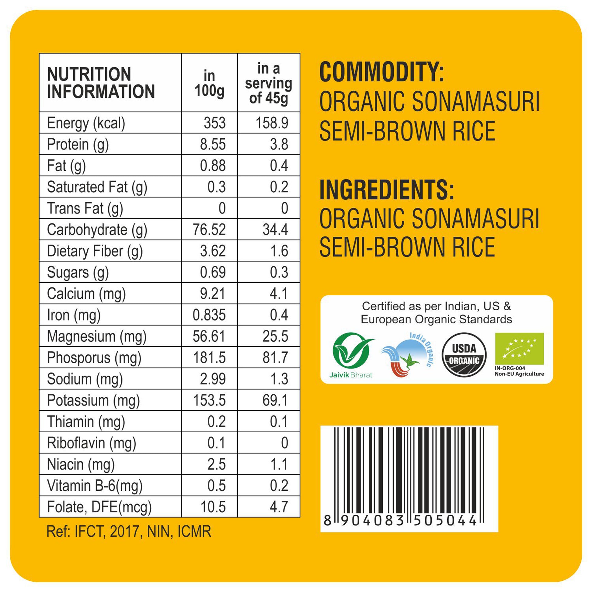 nutrition - Organic Sonamasuri Semi Brown Rice 1Kg