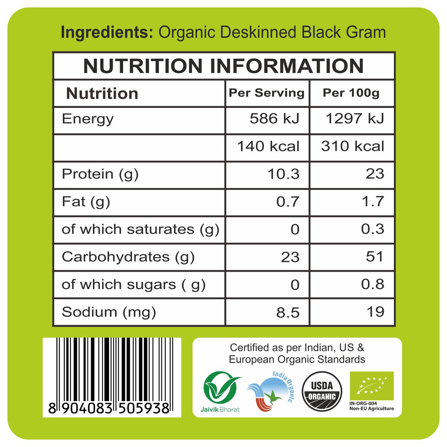 nutrition - Organic Urad Dal White Whole 500Gm