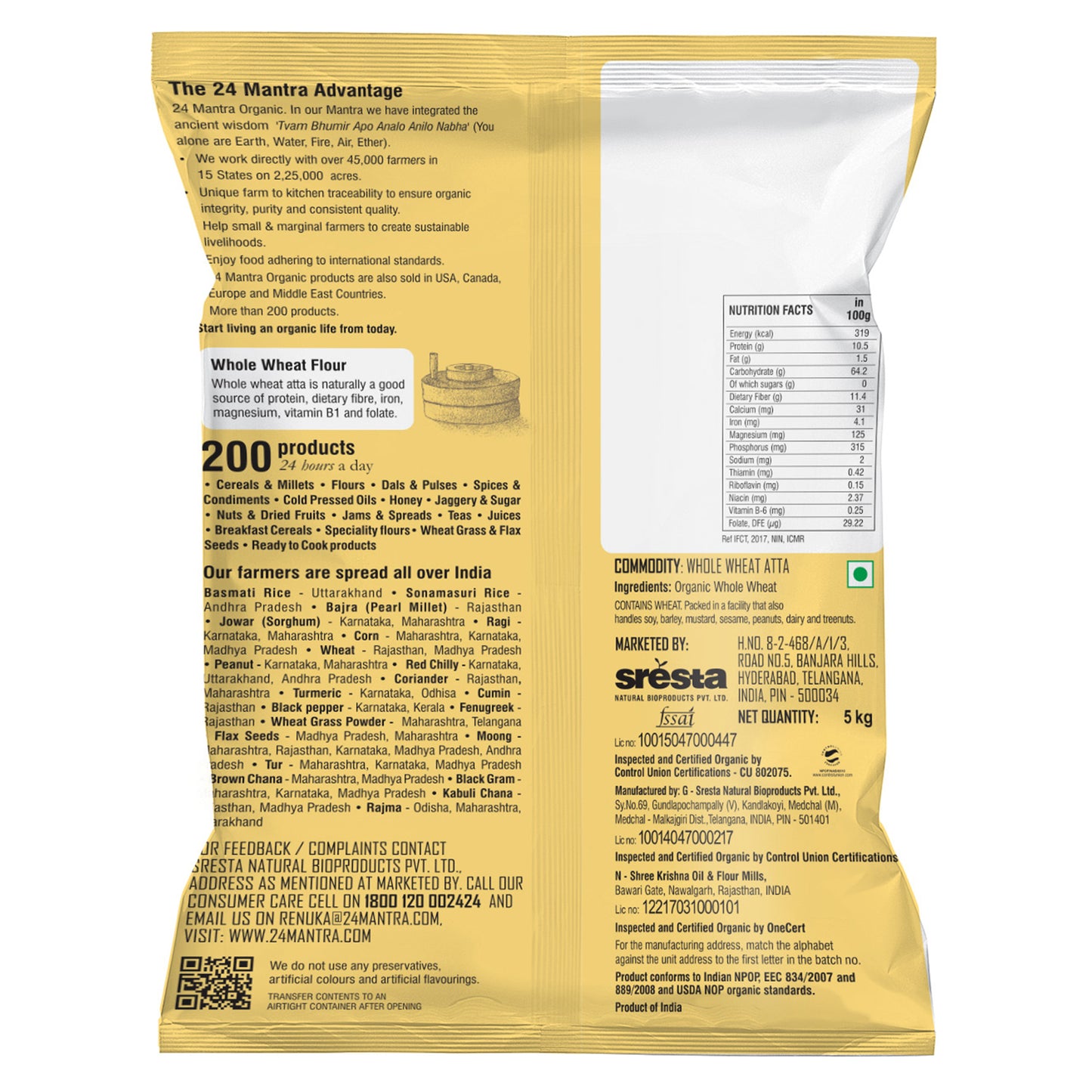 package detailing Organic Whole Wheat Atta Premium 5Kg
